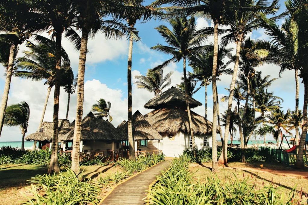 Domek pomiędzy palmami przy jednej z kubańskich plaż