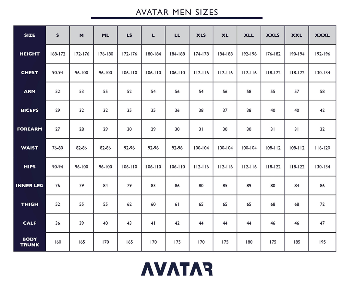 Avatar size chart men